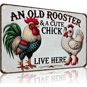 Funny Gifts for Women Chicken Lovers Farm Enthusiasts An Old Rooster And A Cute Chick Live Here Chicken Tin Sign for Chicken Coop Farm Kitchen Garden Yard Decor 8 X 12 Inch (Light Blue)