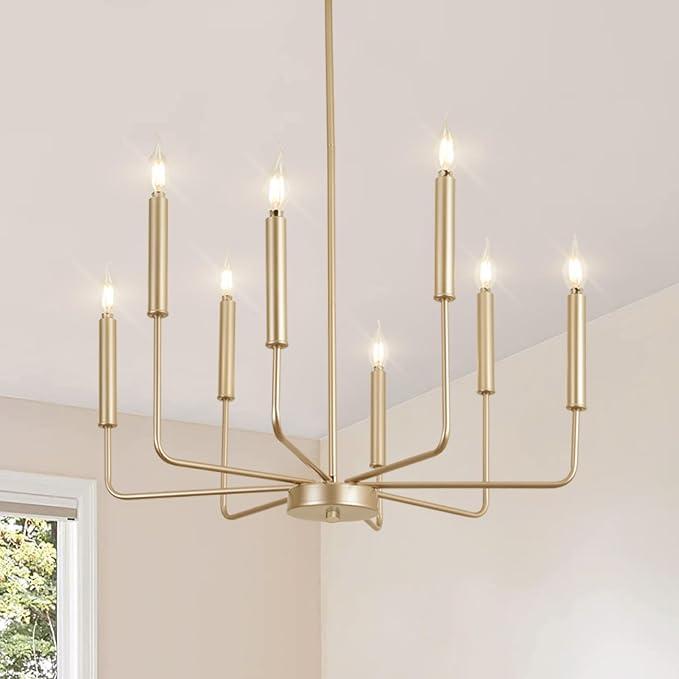 Modern Farmhouse Gold Chandelier for Dining Room, 8-Light Rustic Candle Chandelier Light Fixture, Industrial Hanging Lighting for Living Room, Size and Material: Light Fixture Diameter: 25.6 inches (65 cm). Canopy Diameter: 4.7 inches (12 cm)