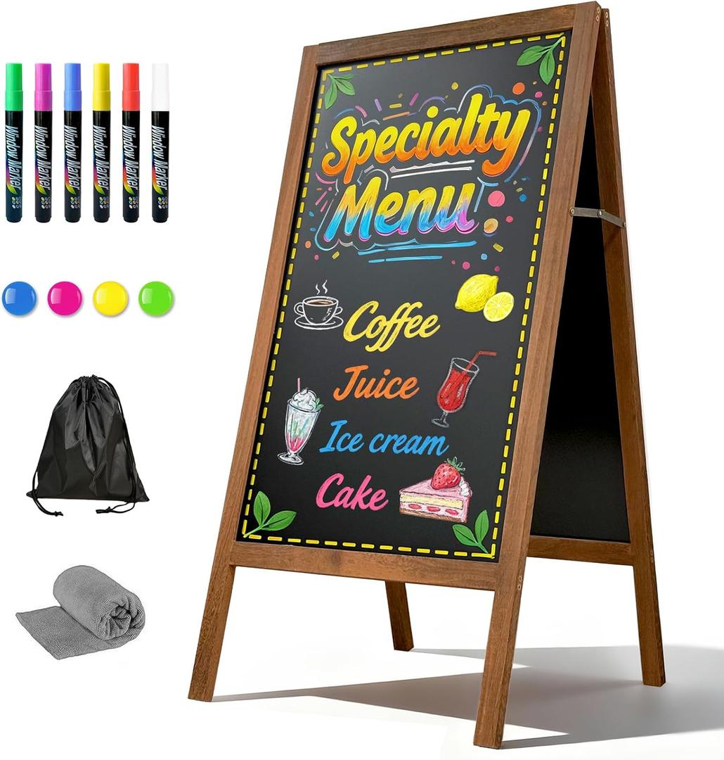 A Frame Chalkboard Sign, 40" x 20" Magnetic Outdoor Chalk Board Signs, Wooden Standing Double-Sided Sidewalk Chalk Board for Restaurant Menu, Cafs, Christmas, Wedding