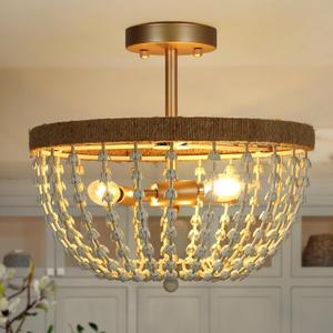 KSANA Modern Boho Semi Flush Mount Ceiling Light, Gold 3-Light Rattan Light Fixture, Farmhouse Flush Mount for Kitchen, Bedroom, Living Room, or Hallway, 14.2" D