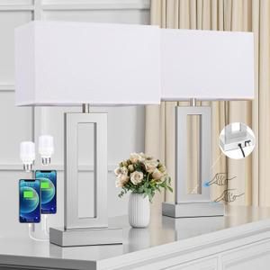 Nightstand Table Lamps for Bedrooms Set of 2 - Touch Bedside Lamp with USB C+A, 3 Way Dimmable Living Room Lamps for End Tables Set of 2, Modern Night Stand Lamps for Bed Side(White&Silver) (Medium(19.6in))
