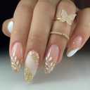 4 x MERVF Almond Press on Nails Medium Fake White French Tip Glue ons Nail Gold Lines Stiletto Acrylic Leaf Print Design Manicure Supplies Glossy 24pcs