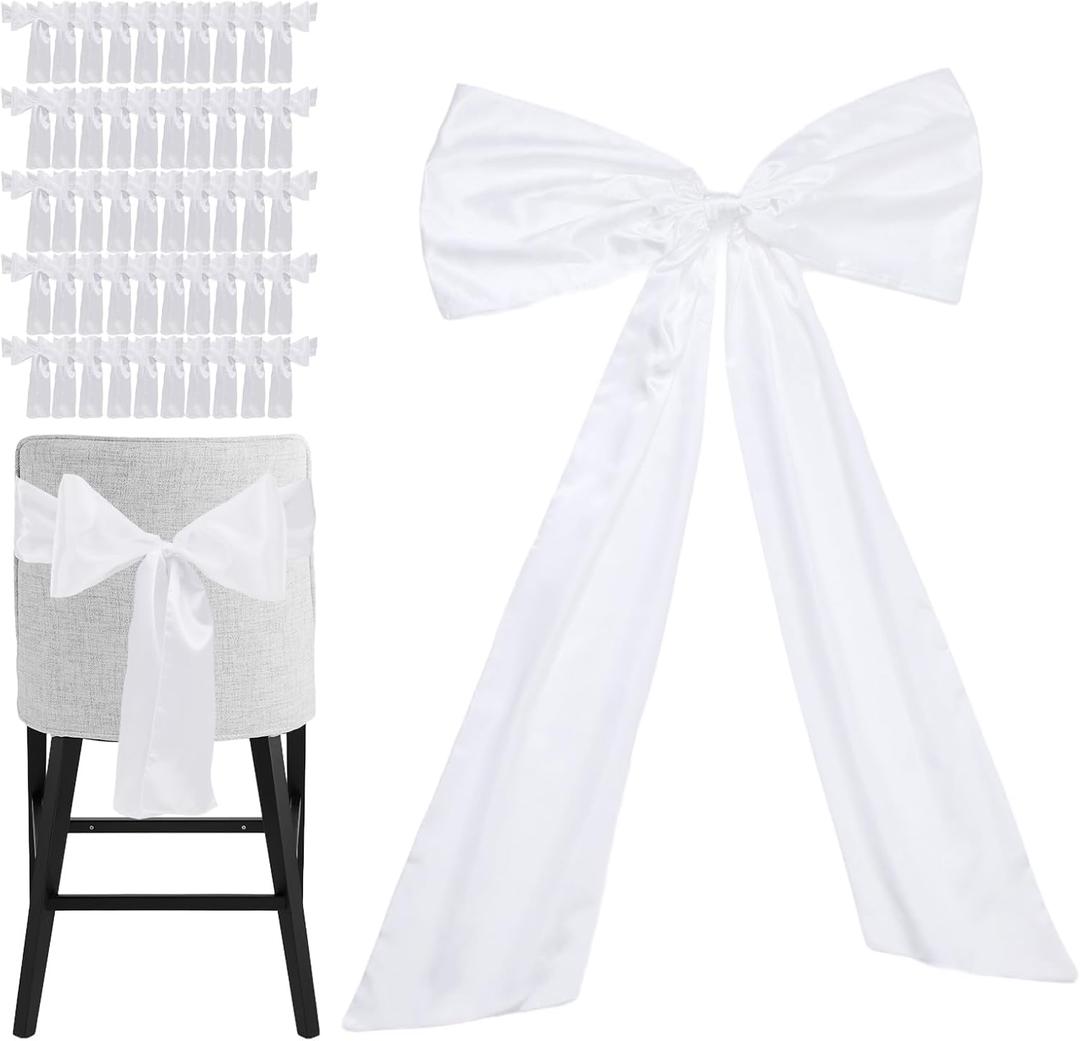 Large Satin Bow Decor with 50 Pack Chair Sashes - Perfect for Birthday, Wedding, Parties & Baby Shower | 24x36 Inch Giant Bows for Room Decor | Wide Fabric Ribbons for Banquet Chairs (White)