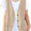 IDEALSANXUN Womens Cotton Linen Vest Casual Sleeveless Blazer Cardigans Lightweight Jacket Waistcoat (Large, Khaki)