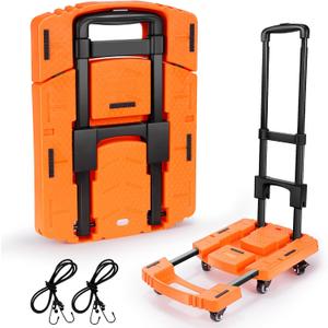Voipvvii Folding Hand Truck500lbs, Portable Heavy Duty Dolly Cart, 6 Wheels Collapsible Luggage Cart with 2 Elastic Ropes - Compact Trolley Cart for Easy Moving - Ideal Hand Cart for Travel and More (17, Orange)
