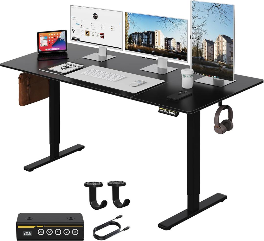 Large Electric Standing Desk,55x28 Inches Adjustable Height Stand up Desk, Sit Stand Home Office Desk, 3 Preset Heights,Equipped with Hooks,Ergonomic Computer Desk WorkstationBlack