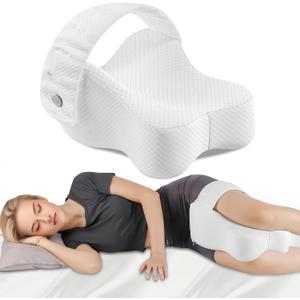 Knee Pillow for Side Sleepers, Memory Foam LegPillow Between Knees, Relieves Back, Hip & Knee PainWhile Aligning Spine, Adjustable Strap, 14 Inch (White)