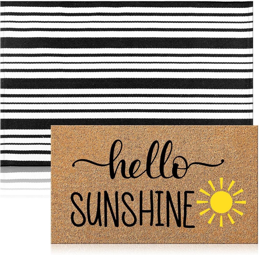 Moucuny 2 Pcs Summer Hello Sunshine Coir Door Mat 24'' x 35'' Black and White Striped Outdoor Rug 16'' x 28'' Yellow Sunshine Coir Doormat Non Slip Seasonal Welcome Doormat for Porch Front Decor