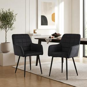 Black Velvet Dining Chairs Set of 2, Modern Tufted Accent Chairs with Armrests & Black Metal Legs, Upholstered Side Chairs for Dining Room, Kitchen, Living Room, 21 x 21x 18