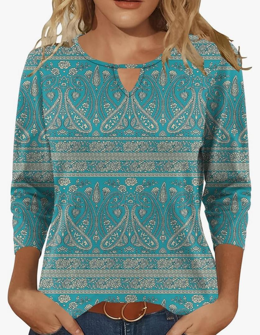 Romanstii 3/4 Length Sleeve Womens Tops Keyhole Crewneck Shirts Business Dressy Casual Tunic Blouses Summer Basic Tees Small