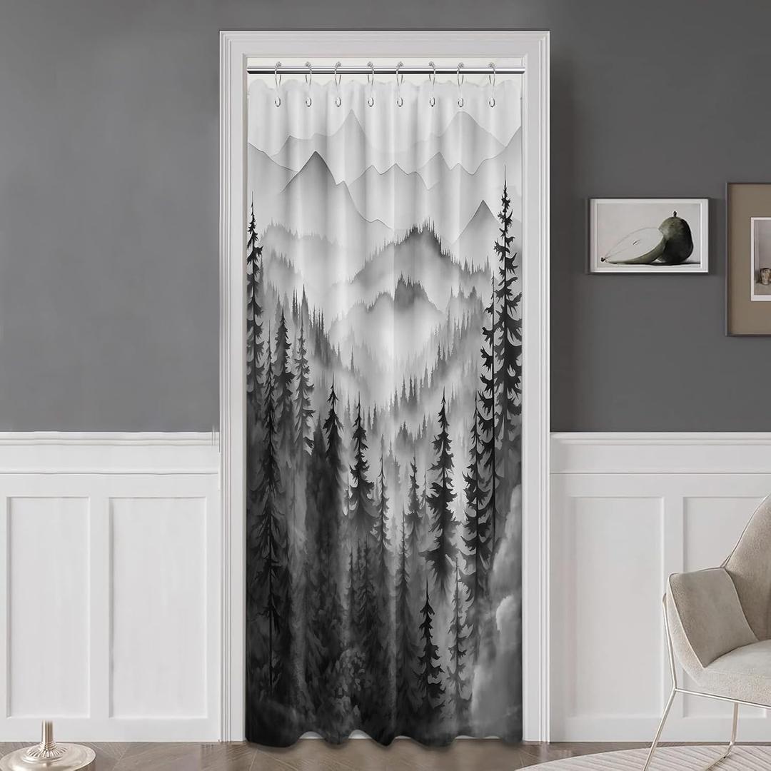 Black and White Forest Small Shower Curtain Stand Up Stall Shower Curtains Rv Narrow Nature Rustic Woodland Pine Tree Bathroom Decor, Waterproof Cloth Fabric with Hooks 48''W X 72''L