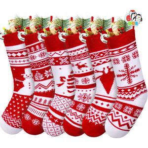 JOYIN 6 Pack 18" Christmas Knit Stockings, Large Rustic Yarn Xmas Stockings Bulk, Cable Knit Xmas Stockings with Snowflake Snowman Reindeer Character for Christmas Tree Fireplace Holiday Decorations