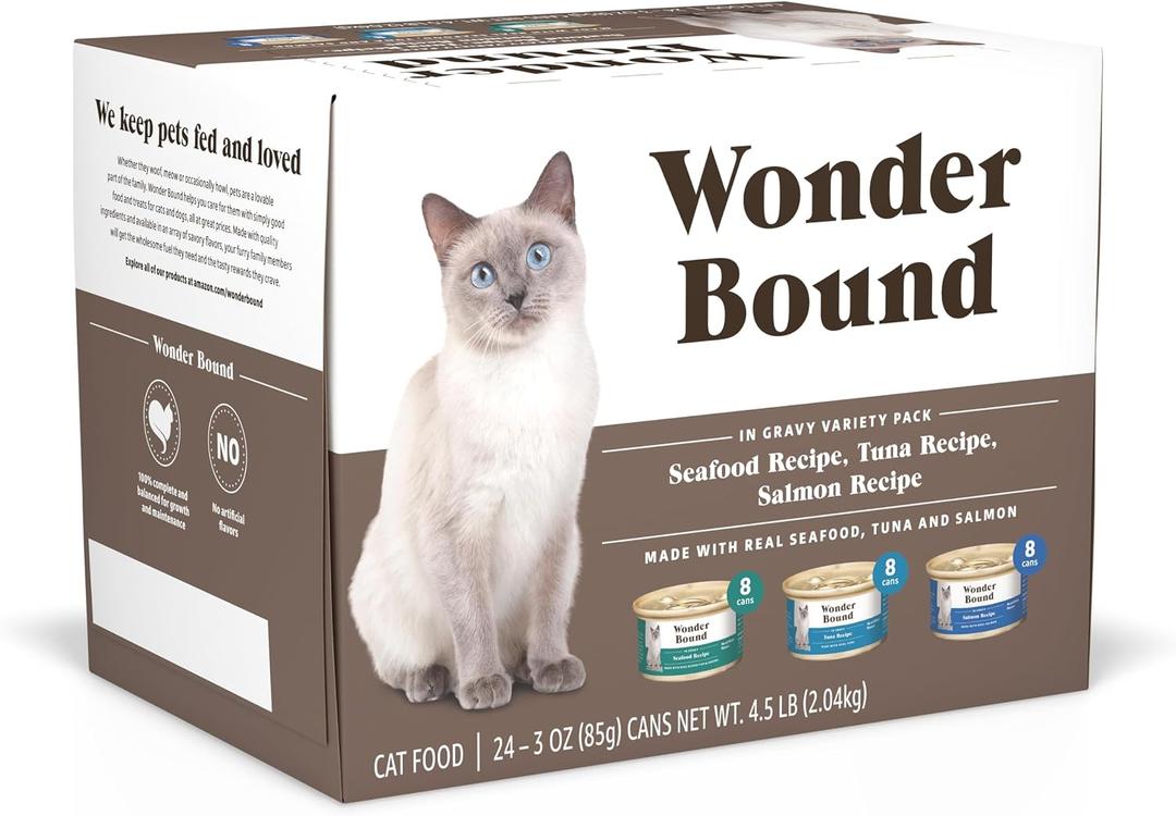 Amazon Brand - Wonder Bound Canned Wet Cat Food Variety Pack (Seafood, Tuna and Salmon Recipes in Gravy), Adult Recipe, 3 Ounce (Pack of 24) (EXP 09/27/28)