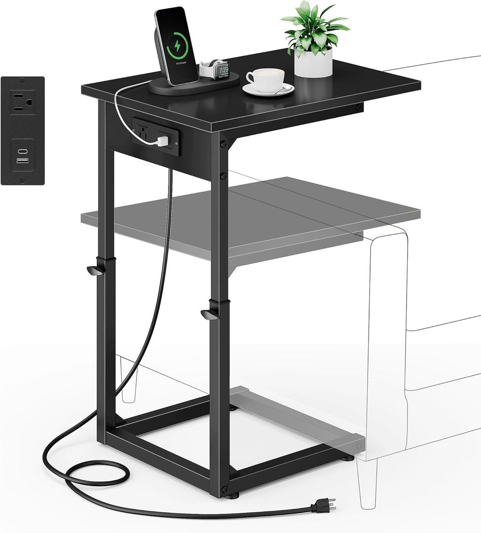 Vagusicc C Shaped End Table with Charging Station, Adjustable Height Side Table for Couch, C Table End Table Couch Table That Slide Under, Sofa Table TV Tray Arm Table for Living Room, Bedroom, Black (16"D x 12"W x 18-33"H)