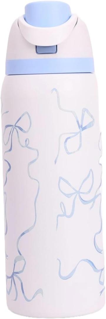 304 Stainless Steel Fitness Sports Vacuum Bottle with handle and straw, Large Capacity Macaron Thermal Mug /16/19/24/32 oz (blue bow,32)