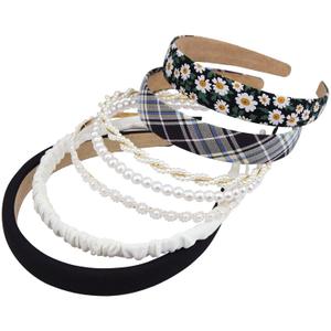 Set of 7 Fashion Aesthetic Designs Headbands with Pearls Flowers, Non-Slip, Preppy, Wide and Thin, Black and White Hair Hoops for Girls Women