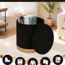B FSOBEIIALEO Ottoman with Stroage, Round Boucle Storage Ottoman with Gold Plating Base,Foot Rest Stool for Dorm Room, Living Room Black, 16.73"x16.73"x17.72"