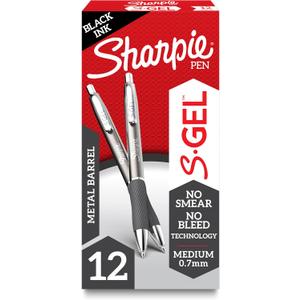 Sharpie S-Gel, Gel Pens, Sleek Metal Barrel, Gunmetal, Medium Point (0.7mm), Black Ink, 12 Count
