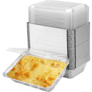 HOZEON 125 Pack 2.25lb 8.4 x 5.9 Inch Aluminum Foil Pans, Disposable Takeout Pans with Clear Lids, Disposable Aluminum Foil Trays for Cooking, Baking, Prepping Food, Takeout, Heating, Storing