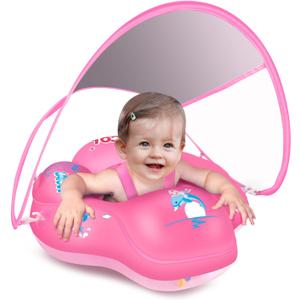 LAYCOL Baby Pool Float with Canopy UPF50+, 5 Point Safety Buckle No Flip Over, Inflatable Toddler Floaties Infant Pool Floats with Double Air Chambers, Baby Beach Essentials/ Traval for 3-36M Pink L