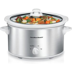 Hamilton Beach 4-Quart Slow Cooker with 3 Cooking Settings, Dishwasher-Safe Stoneware Crock & Glass Lid, Stainless Steel (33140G) (Silver & White)