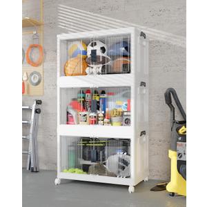 OlarHike 97QT Stackable Storage Bins with Lids - Folding Storage Box with Doors and Wheels, Collapsible Plastic Storage Drawers for Closets and Organization, Garage, 3 Pack Cubes, Gifts for Family