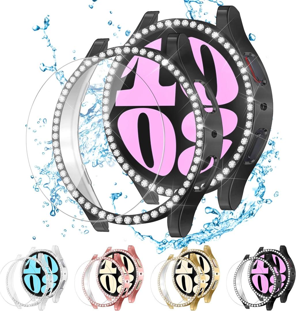ALMNVO [4+4 Pack Bling Case for Samsung Galaxy Watch 6 Screen Protector 40mm, Tempered Glass Glitter Diamond Bumper Face Cover for Galaxy Watch 6/5/4 Accessories 40mm Galaxy Watch Case for Women (3-Clear/Black/Gold/Pink)