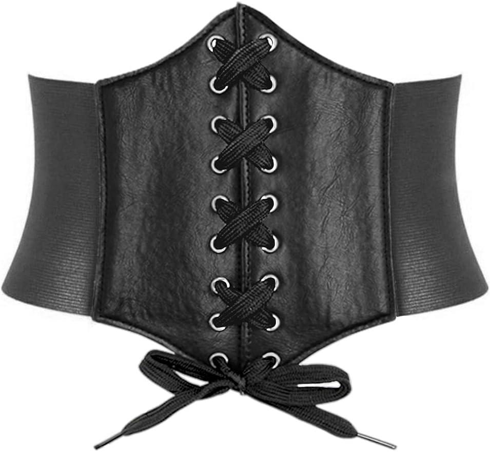 HANERDUN Lace-up Waspie Corset Belts for Women Elastic Waist Belt Tied Retro Wide Belt (Medium, Button Closure-Black)