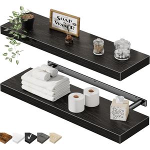 QEEIG Floating Shelves for Wall 23.6" Long - Wall Mounted Shelf Bathroom Kitchen Living Room Bedroom Farmhouse Home Decor Display Bookshelf Large 23.6 x 9.3 inch Set of 2, Black (008-60B)