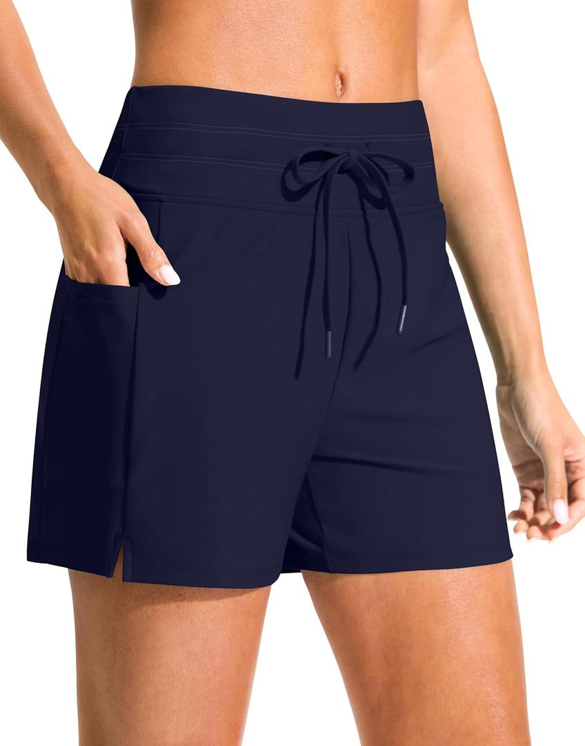 G Gradual Women's 4" High Waisted Swim Board Shorts with Pockets Quick Dry Swimming Swimsuit Bathing Suit Bottoms for Women (Navy) XXL