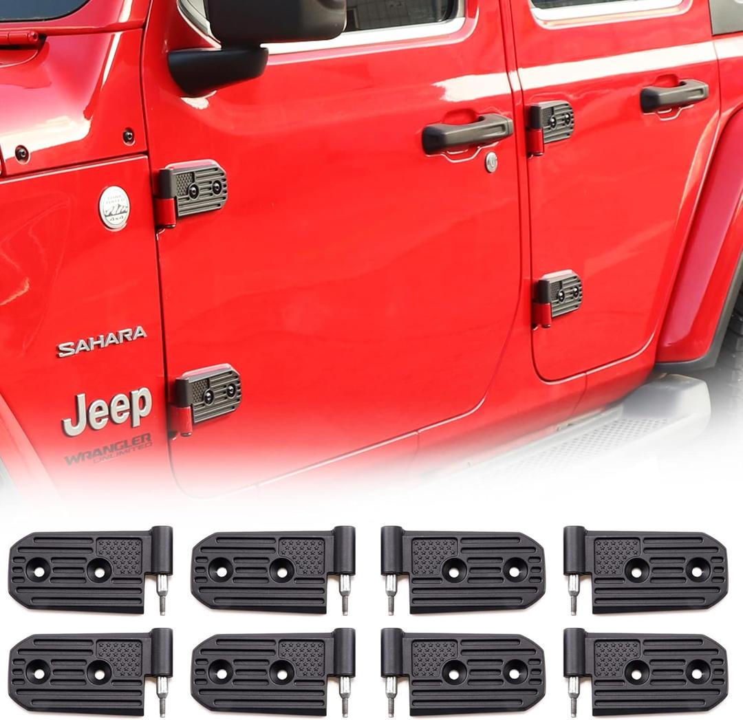 JL Aluminum Door Hinge Kit Compatible with 2018-2025 Jeep Wrangler JL JLU & Gladiator JT Unlimited Rubicon Sahara Sports Accessories, Original Factory Hinges Sleeve Replacement, 8Pcs, Black