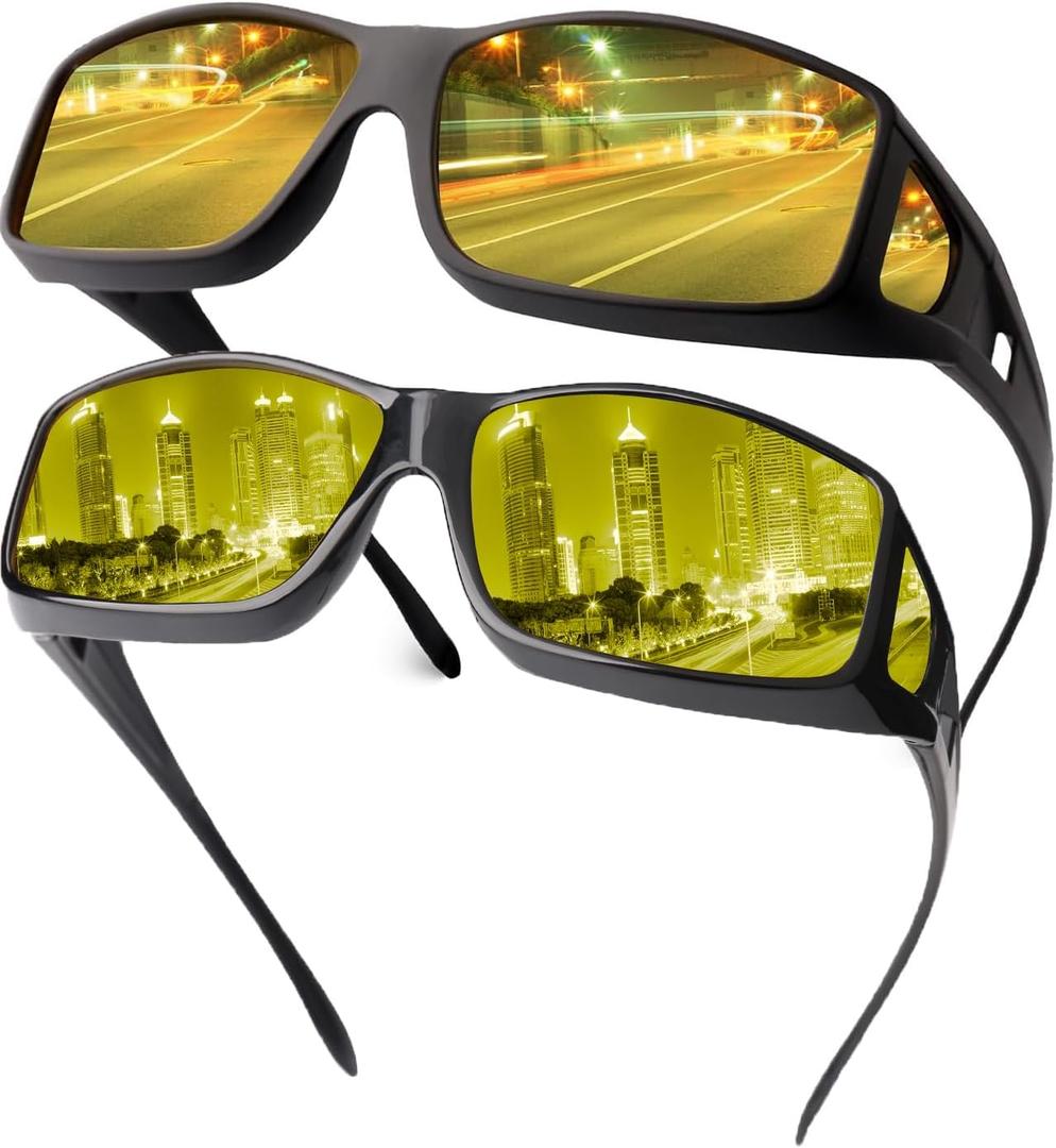 Fimoson Night Driving Glasses for Men Women Fit Over Sunglasses Anti Glare Polarized HD Night Vision Glasses (A04 Dark & Black Frame/ Yellow Night Vision Lens)