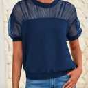 PRETTYGARDEN Women's 2025 Summer Crew Neck Short Sleeve Shirts Lace Going Out Sheer Mesh Crop Tops Dressy Casual Blouses (M)