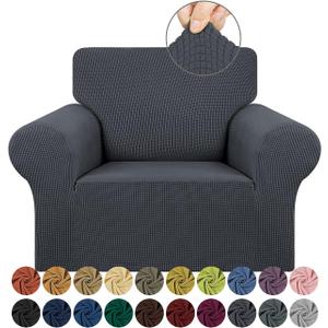 KEKUOU Stretch Single Sofa Slipcover 1 Piece Couch Sofa Cover (31"-55") Furniture Protector 1 Seater Sofa with Elastic Bottom for Kids,Pet.Jacquard Small Checked Pattern Fabric(Small,Charcoal)