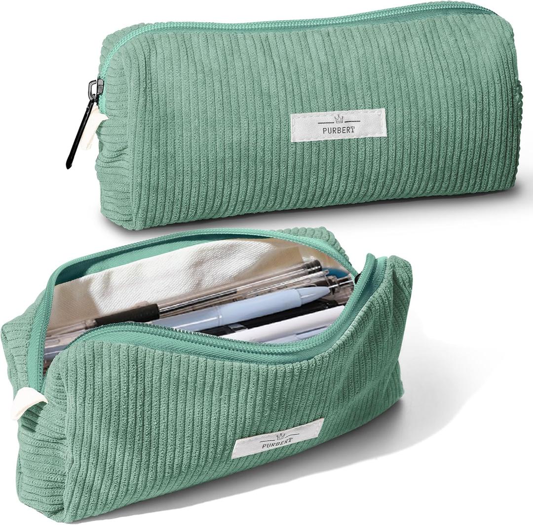Pencil Bag Pen Case, Soft Corduroy Small Pencil Pouch Organizer with Zipper, Cute Pencil Case Pouch Stationery for Girls and Boys  Green