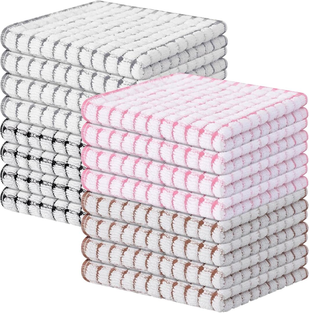 Kitinjoy Cotton 16 Pack Terry Kitchen Dish Cloths, Mix Color | 12 x 12 Inches Super Soft and Absorbent Dish Rags, Quick Drying Dish towels for Washing Dishes