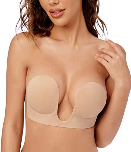 Wekofi Adhesive Plunge Backless Push Up Sticky Invisible Light Padded Bra(DD3, Brown)