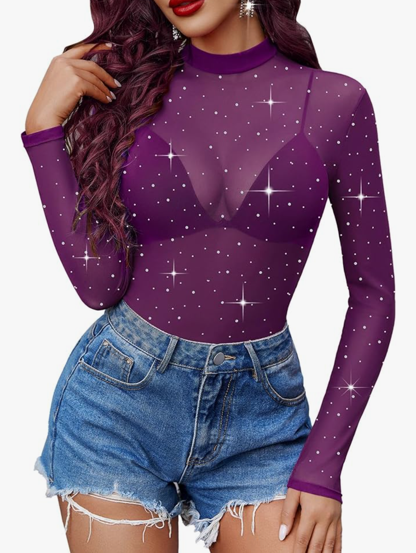 UEOIOW Women's Mock Turtle Neck Long Sleeve Tops Sheer Mesh Rhinestone Ruched Trendy Going Out Shirts Blouse S