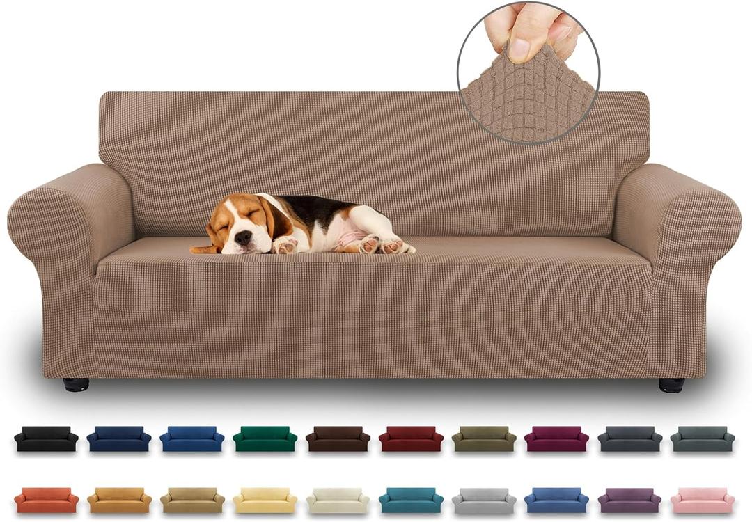 KEKUOU Stretch Sofa Cover Slipcover Couch Covers for 3 Cushion Couch Sofa pet Friendly (78"-94") Furniture Protector Sofa with Elastic Bottom for Kids,Dog, Jacquard Small Checked(Large,Camel)