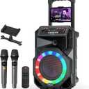 Karaoke Machine with 2 Wireless Microphones, Rolling Wheels, and Trolley 8800mAh Portable Bluetooth Speaker, PA System with Lights, Adjustable Bass/Treble/Echo for Parties, Indoor and Outdoor Use