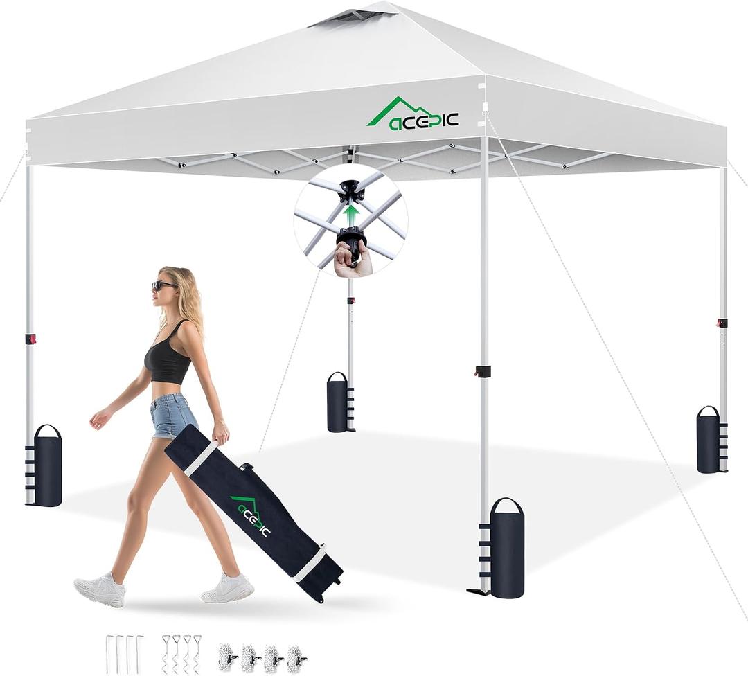 Acepic 10x10 Pop Up Canopy Tent, One Push Instant Outdoor Gazebo with Vented Top, Upgraded 300D Silver Coated Sun Shade for Parties Camping Vendor, Includes Wheeled Bag and 4 Sandbags, White