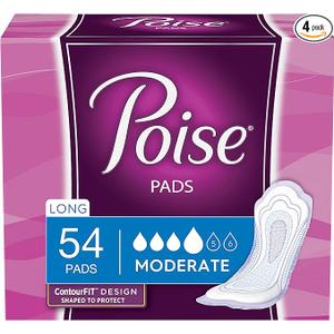 Poise Incontinence & Postpartum Pads for Bladder Leaks, 4 Drop Moderate Absorbency, Long Length, 54 Count