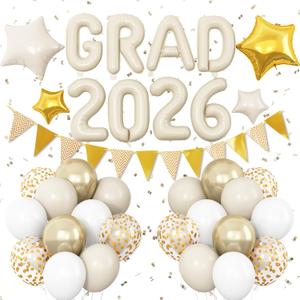 Graduation Decorations 2026 White Gold, GRAD 2026 Foil Balloons Banner with Nude White Gold Confetti Balloon Star Balloon Pennant Banner for Class of 2026 Graduation High School College Party Supplies