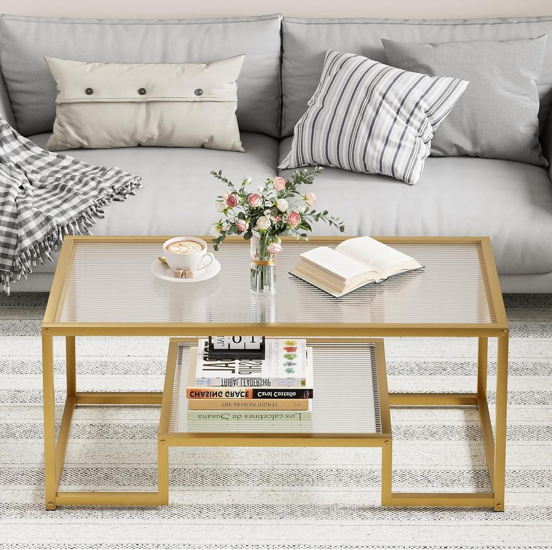 Wolawu Coffee Table Gold Glass Coffee Table for Living Room,2 Tiers Rectangle Center Table with Ribbed Glass Top and Sturdy Metal Frame,Modern Glass Accent Table for Bedroom Home Office, 39.3 x 18.89 x 17.71 inches