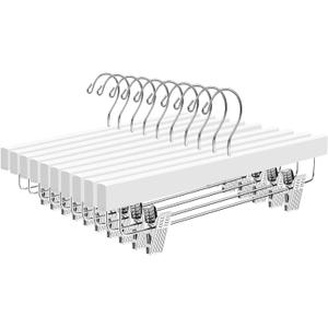 BAGAIL 10 Pack Wooden Pants Hangers with Adjustable Clips, 360Swivel Hook Space Saving Skirt Holders with Anti-Rust Clips for Trousers, Jeans, Shorts (White)