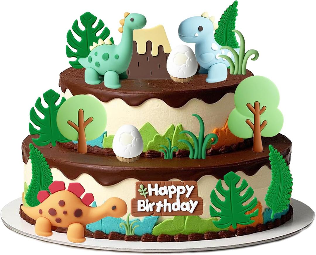 21PCS Dinosaur Cake Decorations, Dinosaur Eggs Cake Topper, PVC Grasses Trees Dinosaur Cake Decorations for Birthday Party, Cake Toppers Happy Birthday, Kids Party Dinosaur Cake Topper