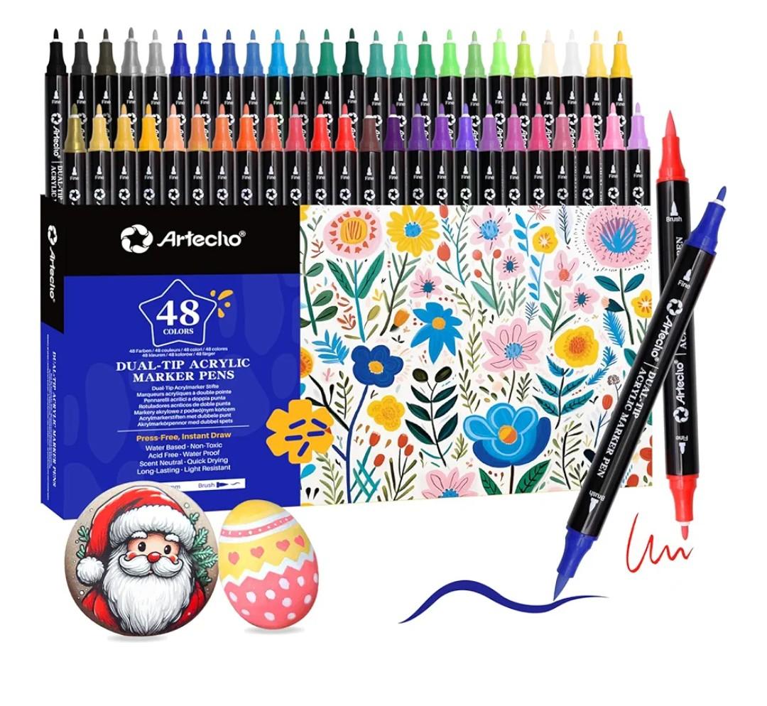 Artecho Acrylic Paint Markers 48 Colors, Acrylic Paint Pens with Brush Tip and Fine Tip for Stone, Rock Painting, Paper, Pumpkin, Wood, Egg, Canvas, Ceramic, Fabric, leather, Glass, DIY Crafts
