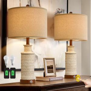 BOBOMOMO 24.5'' 3-Way Dimmable Touch Control Table Lamp Set of 2 with Dual USB Charging Ports for Bedroom Living Room Vintage Rustic Farmhouse Traditional Nightstand Bedside Lamps(Bulbs Included) (2 Pack Touch Switch-Beige)