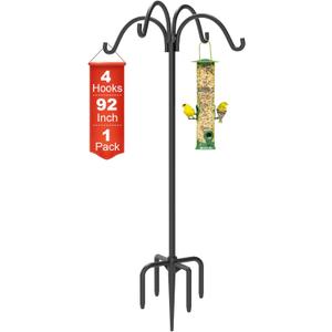 4-Hooks Shepherds Hooks for Outdoor, 92" Heavy Duty Bird Feeder Pole with 5 Prongs Base, Adjustable Garden Hook for Hanging Solar Light, Lanterns, Plant, 1pack
