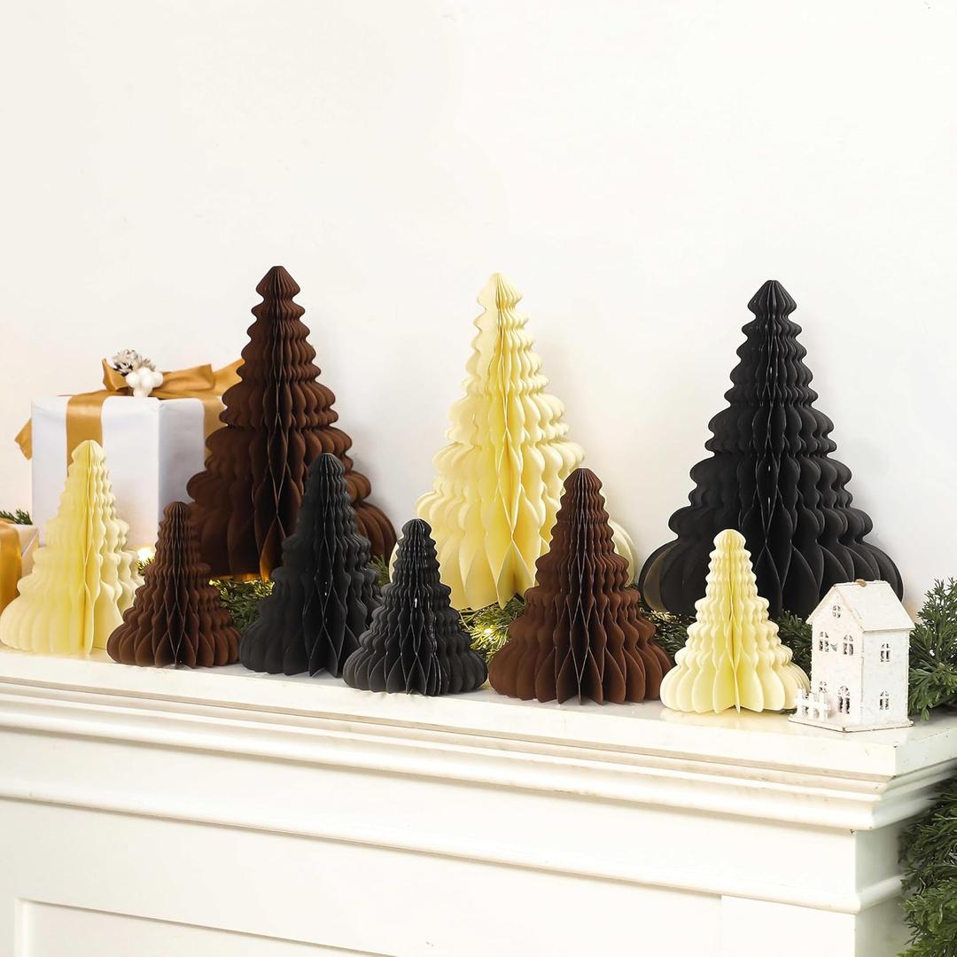 Spiareal 9 Pcs Paper Christmas Tree Decor 3D Honeycomb Trees Table Centerpiece for Modern Mantel Decorations Beige Brown Gray Home Xmas Holiday Party Decorations 6, 8, 12 Inch